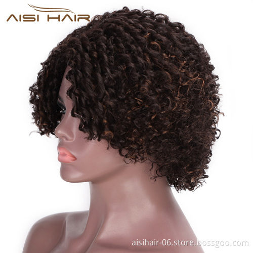 Aisi Hair Mixed Brown Afro Curly Wigs for Women Side Part Synthetic Short Hair Wig Heat Resistant Fiber Wigs for Africans
